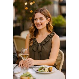 Banana Republic Blouse M Army Green Ruffle Bow Sleeveless Feminine Businesswear